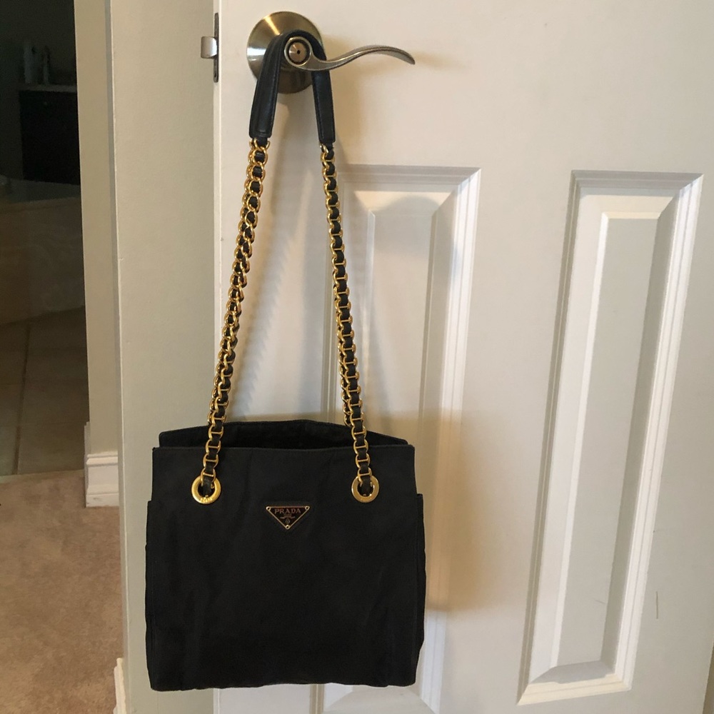 Prada pre owned black nylon gold chain handbag